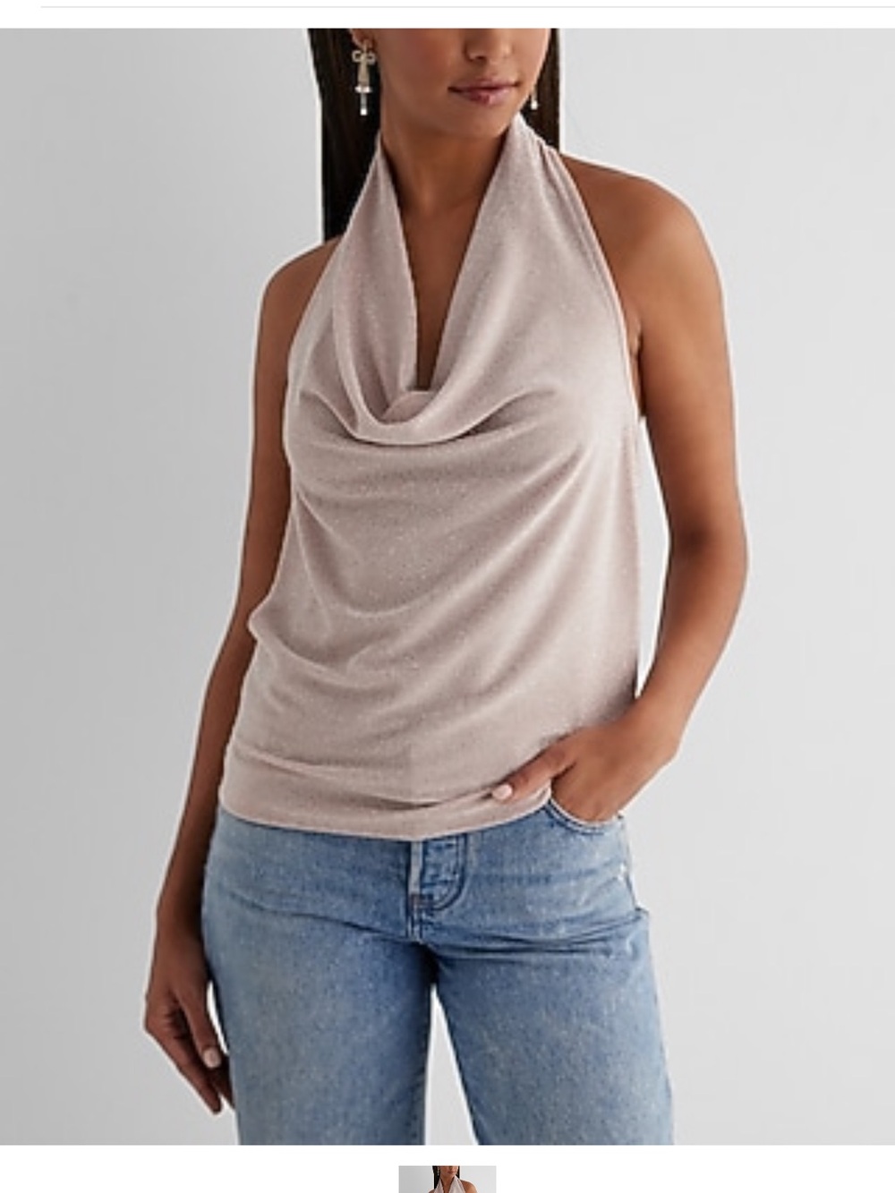 Express Silver Metallic Cowl Neck Halter Top Size L